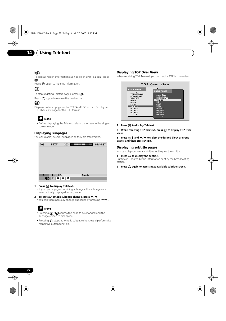 Using teletext 14 | Pioneer PDP-SX5080D User Manual | Page 72 / 236