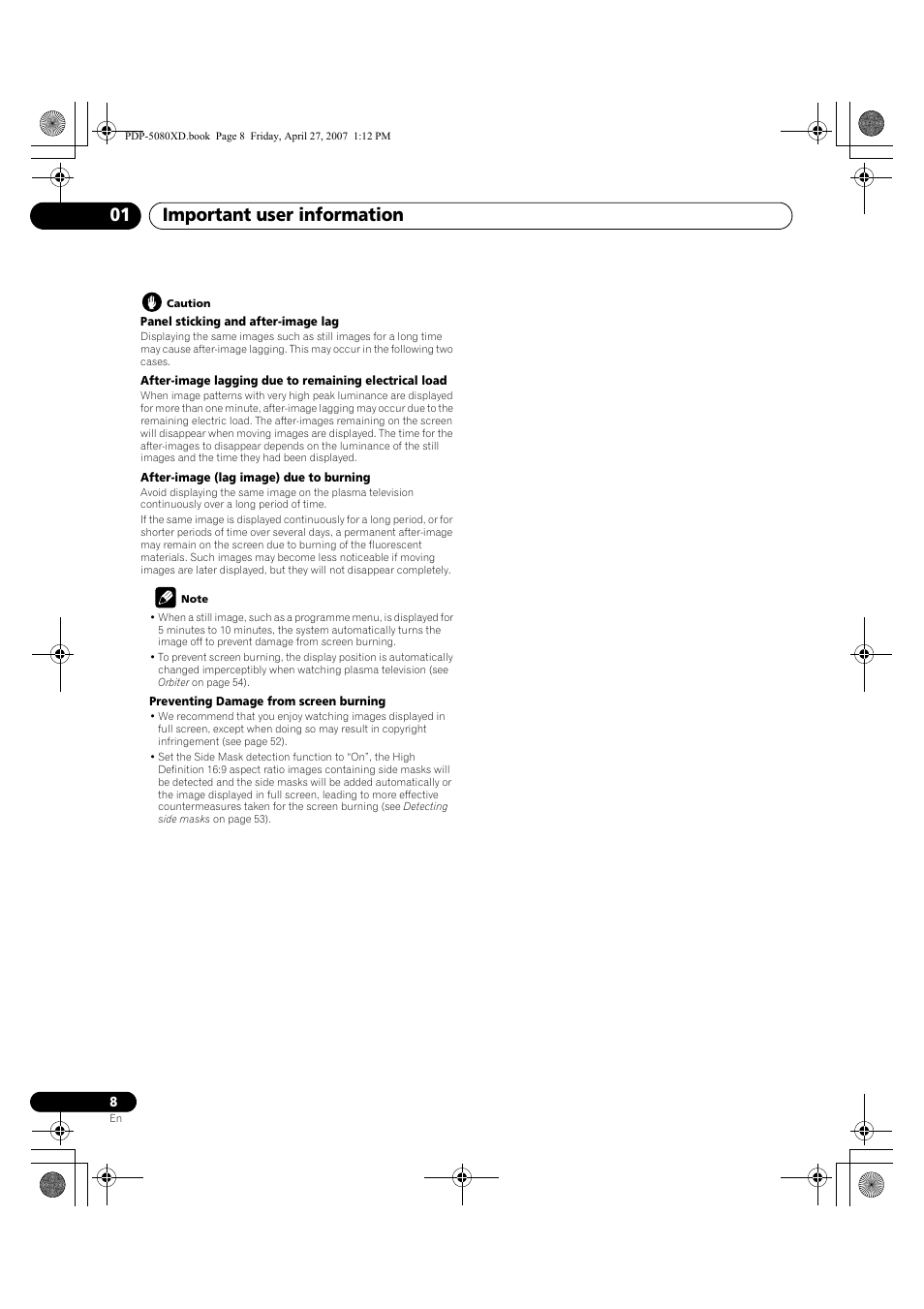 Important user information 01 | Pioneer PDP-SX5080D User Manual | Page 8 / 236
