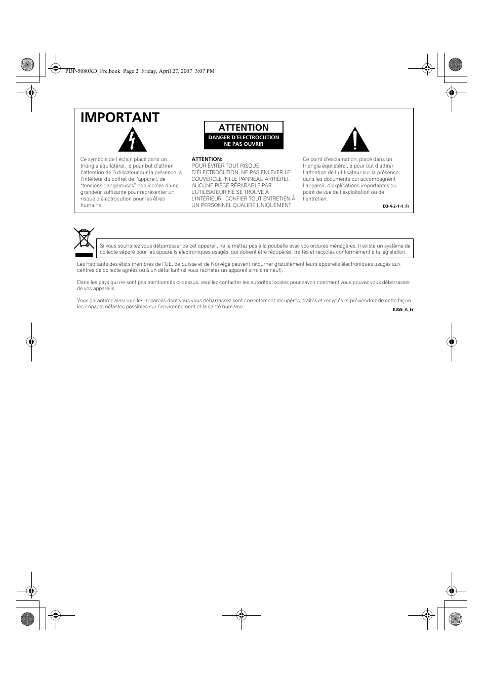 Important, Attention | Pioneer PDP-SX5080D User Manual | Page 80 / 236