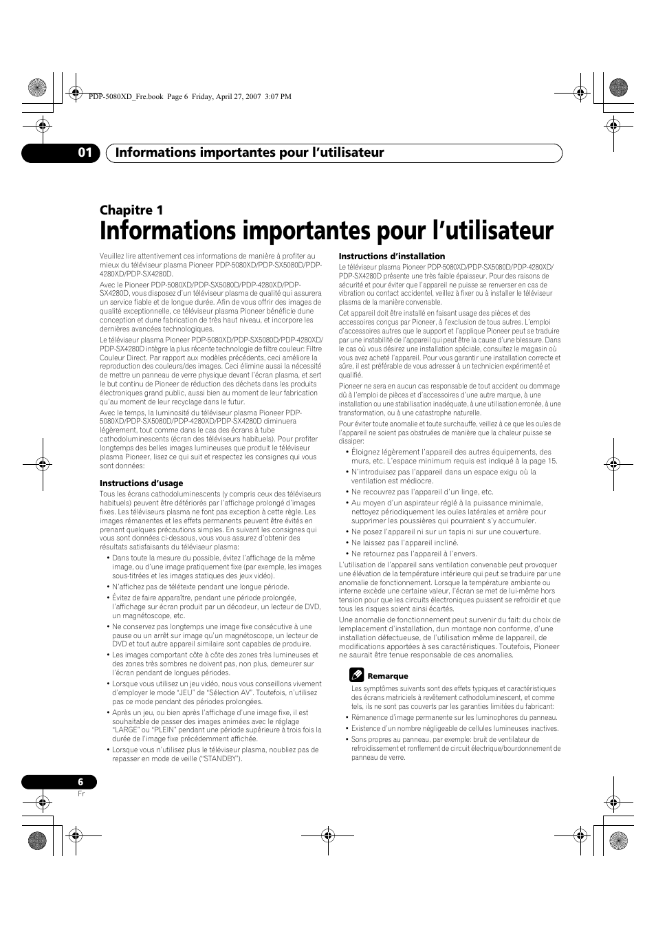 01 informations importantes pour, L’utilisateur, Informations importantes pour l’utilisateur | Informations importantes pour l’utilisateur 01, Chapitre 1 | Pioneer PDP-SX5080D User Manual | Page 84 / 236