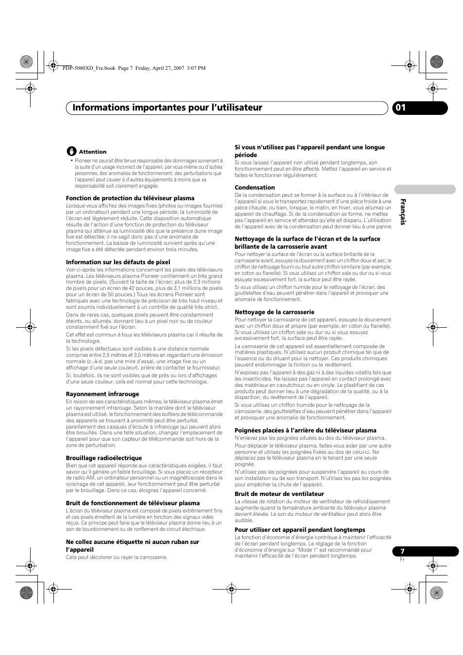 Informations importantes pour l’utilisateur 01 | Pioneer PDP-SX5080D User Manual | Page 85 / 236