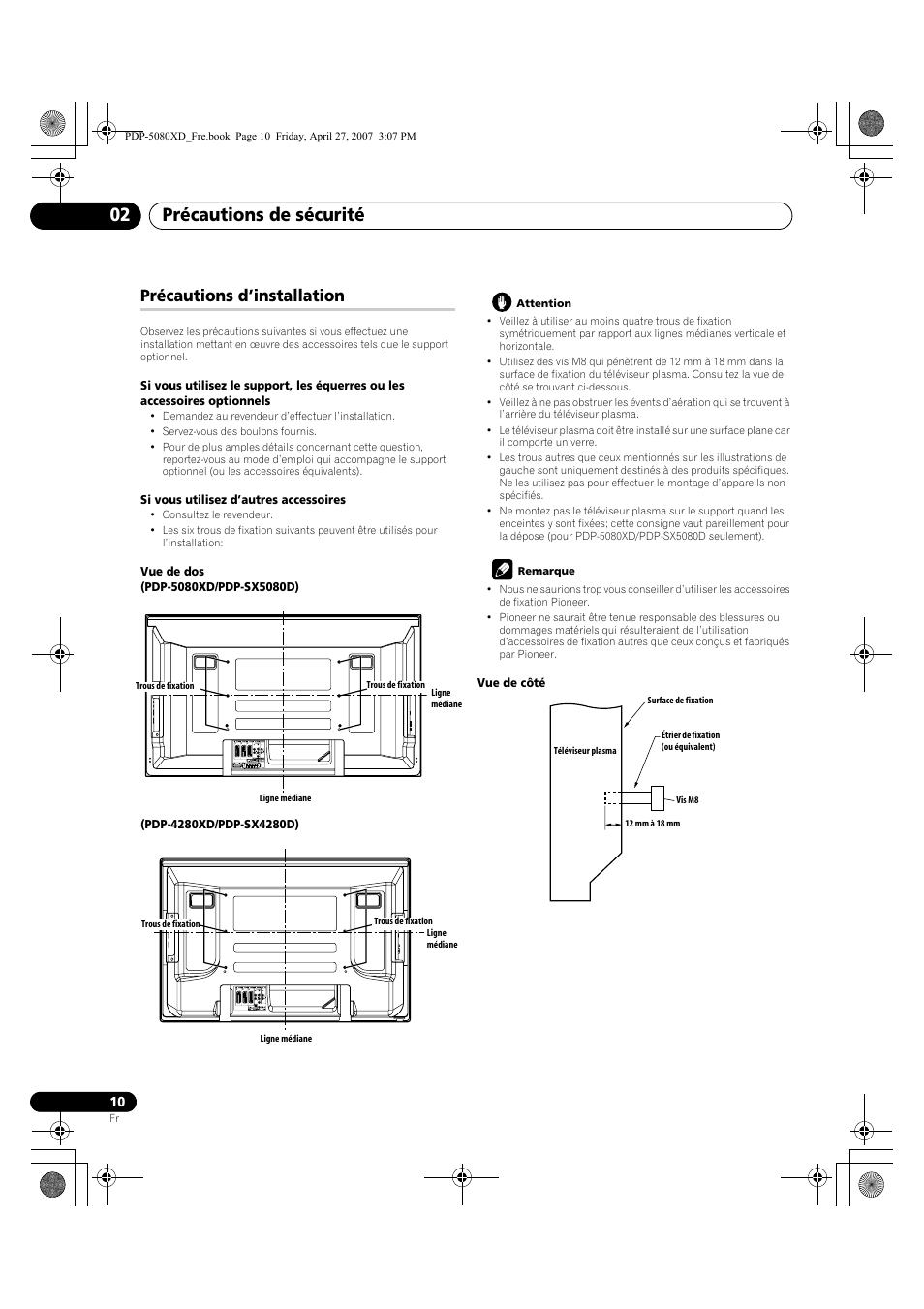 Précautions d’installation, Précautions de sécurité 02 | Pioneer PDP-SX5080D User Manual | Page 88 / 236