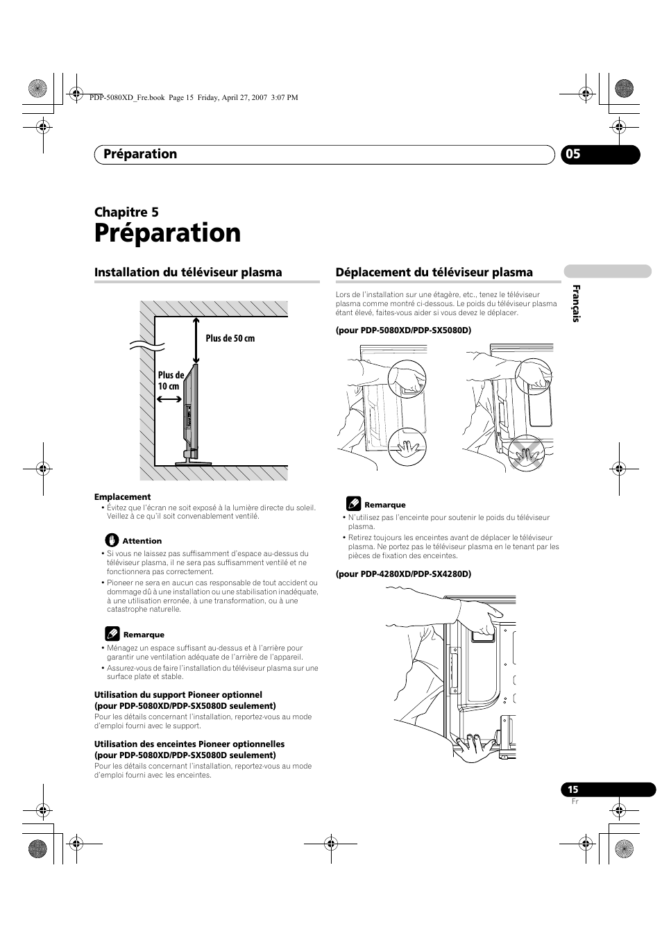 05 préparation, Préparation, Préparation 05 | Chapitre 5, Installation du téléviseur plasma, Déplacement du téléviseur plasma | Pioneer PDP-SX5080D User Manual | Page 93 / 236