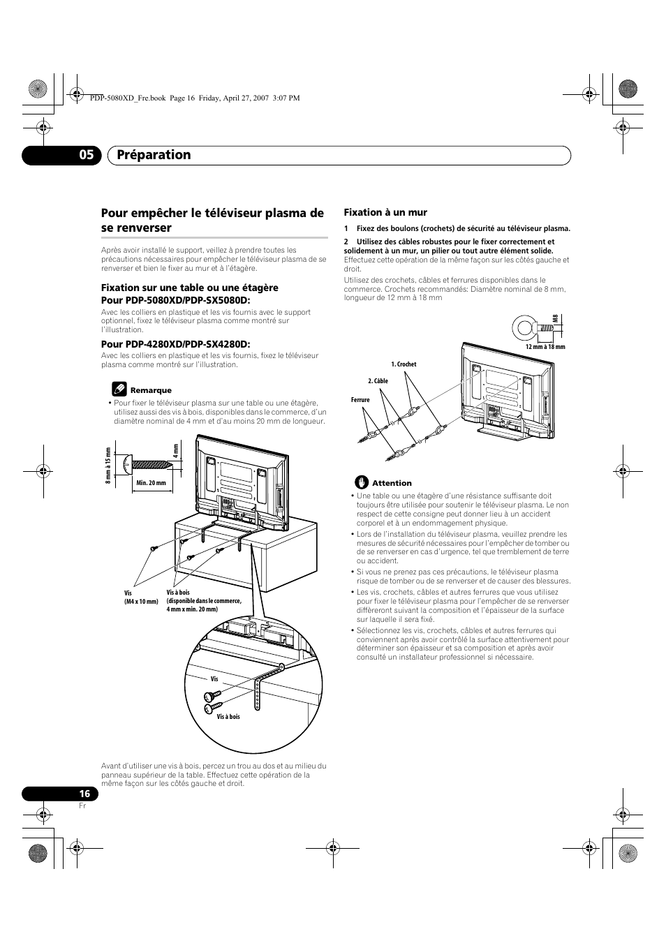 Pour empêcher le téléviseur plasma de se renverser, Préparation 05 | Pioneer PDP-SX5080D User Manual | Page 94 / 236