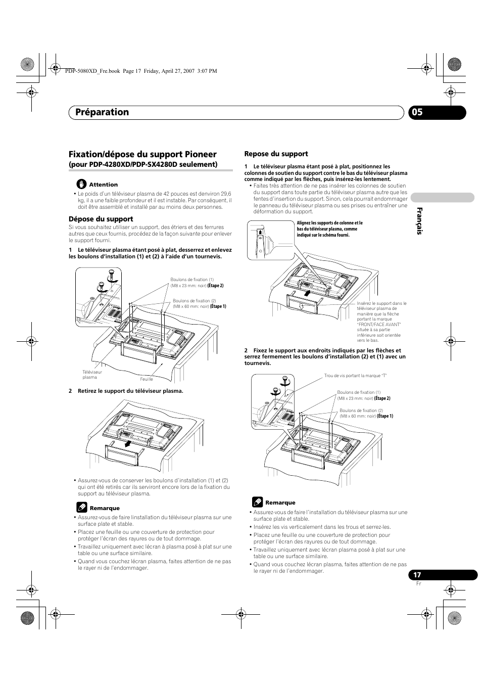 Fixation/dépose du support pioneer, Pour pdp-4280xd/pdp-sx4280d seulement), Préparation 05 | Pioneer PDP-SX5080D User Manual | Page 95 / 236