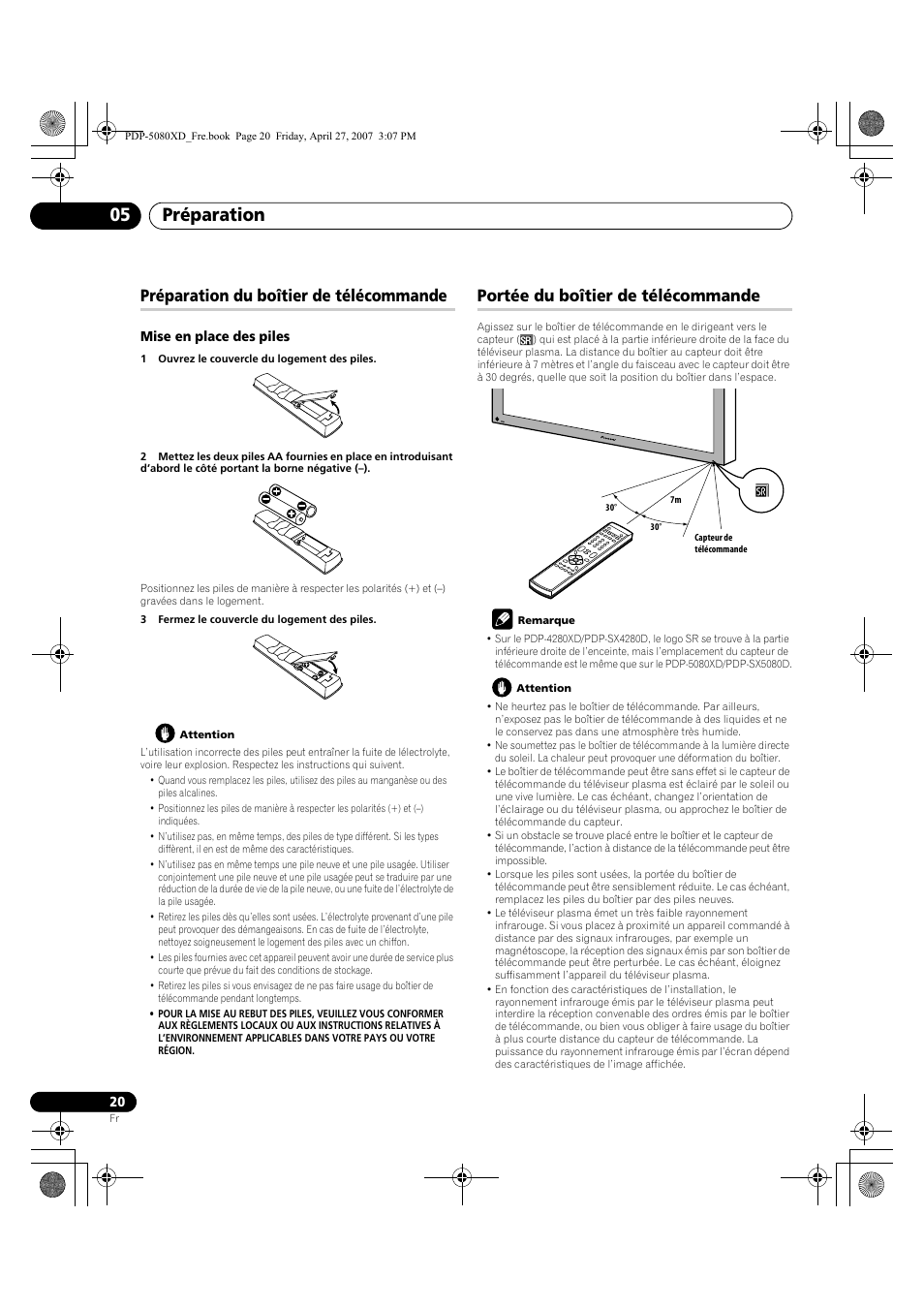 Préparation 05, Préparation du boîtier de télécommande, Portée du boîtier de télécommande | Pioneer PDP-SX5080D User Manual | Page 98 / 236