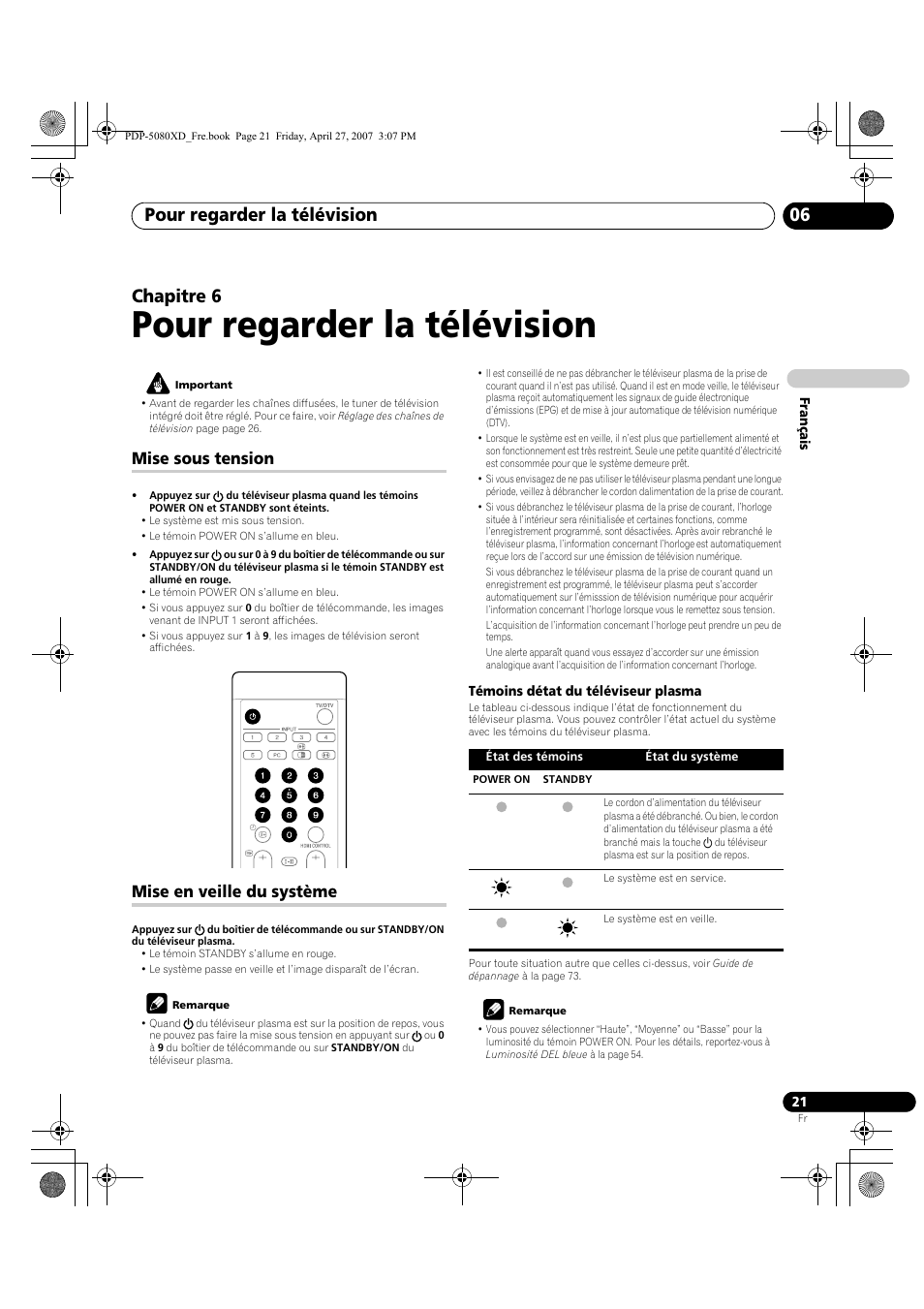 06 pour regarder la télévision, Mise sous tension mise en veille du système, Pour regarder la télévision | Pour regarder la télévision 06, Chapitre 6, Mise sous tension, Mise en veille du système | Pioneer PDP-SX5080D User Manual | Page 99 / 236