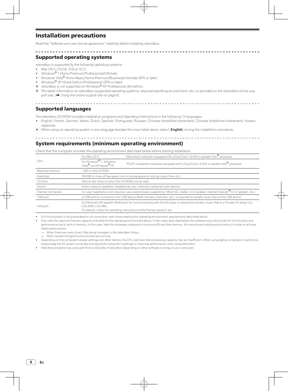 Installation precautions, Supported operating systems, Supported languages | Pioneer CDJ-2000 User Manual | Page 4 / 8