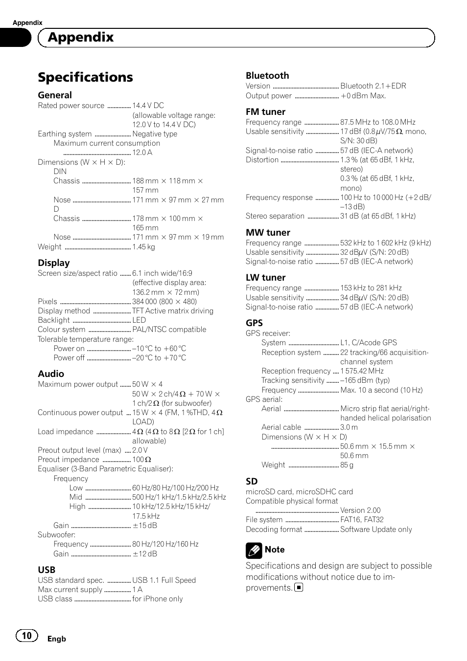 Specifications, Appendix | Pioneer SPH-DA01 User Manual | Page 10 / 80