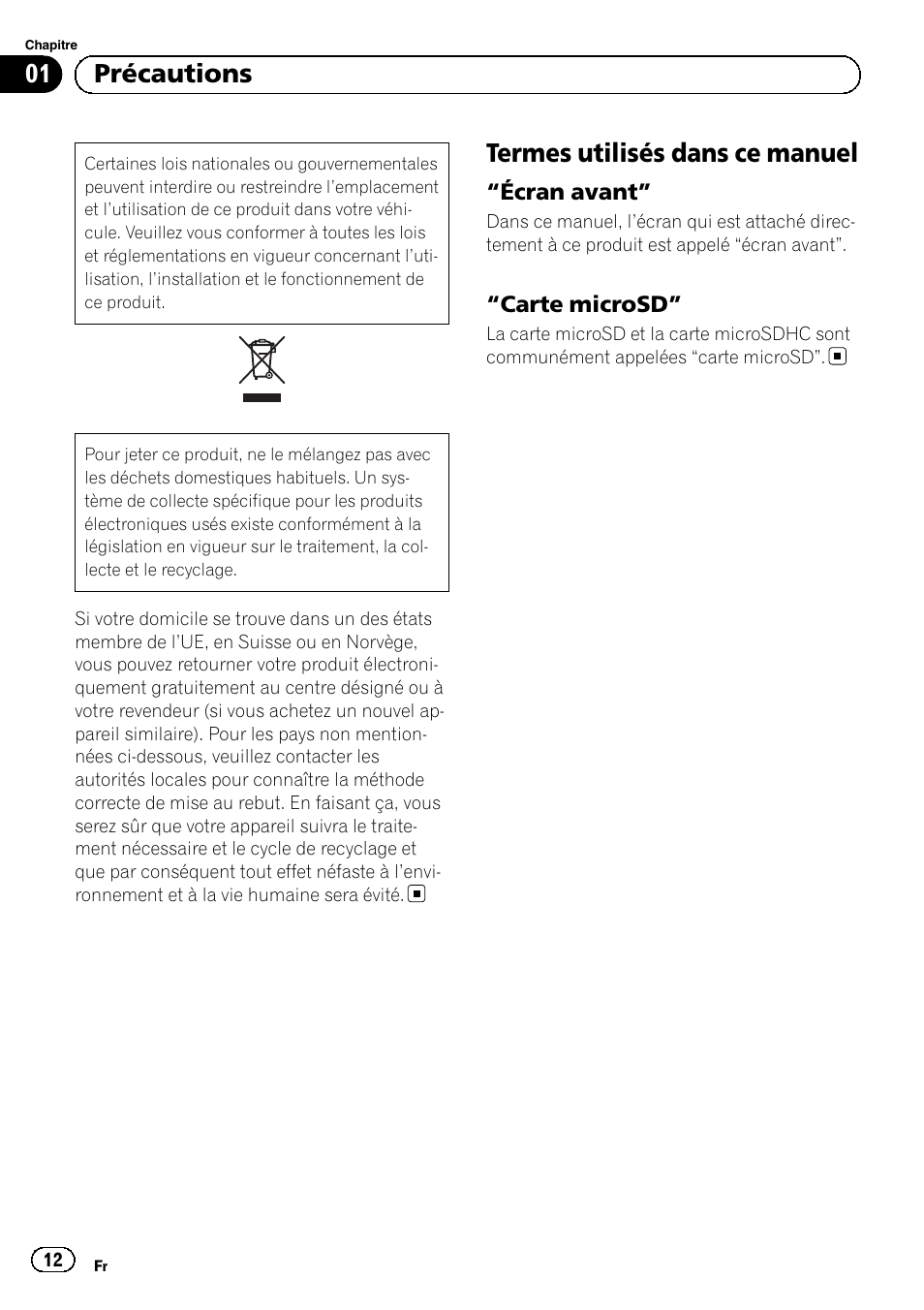 Précautions, Termes utilisés dans ce manuel, Écran avant” 12 | Carte microsd” 12, 01 précautions, Écran avant, Carte microsd | Pioneer SPH-DA01 User Manual | Page 12 / 80