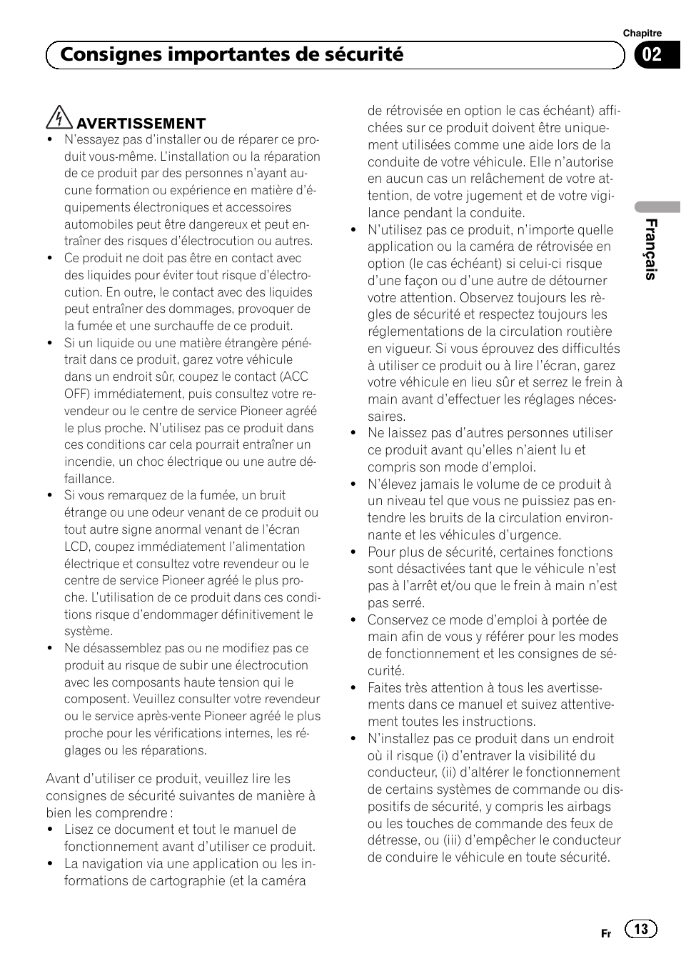 Consignes importantes de sécurité, 02 consignes importantes de sécurité | Pioneer SPH-DA01 User Manual | Page 13 / 80