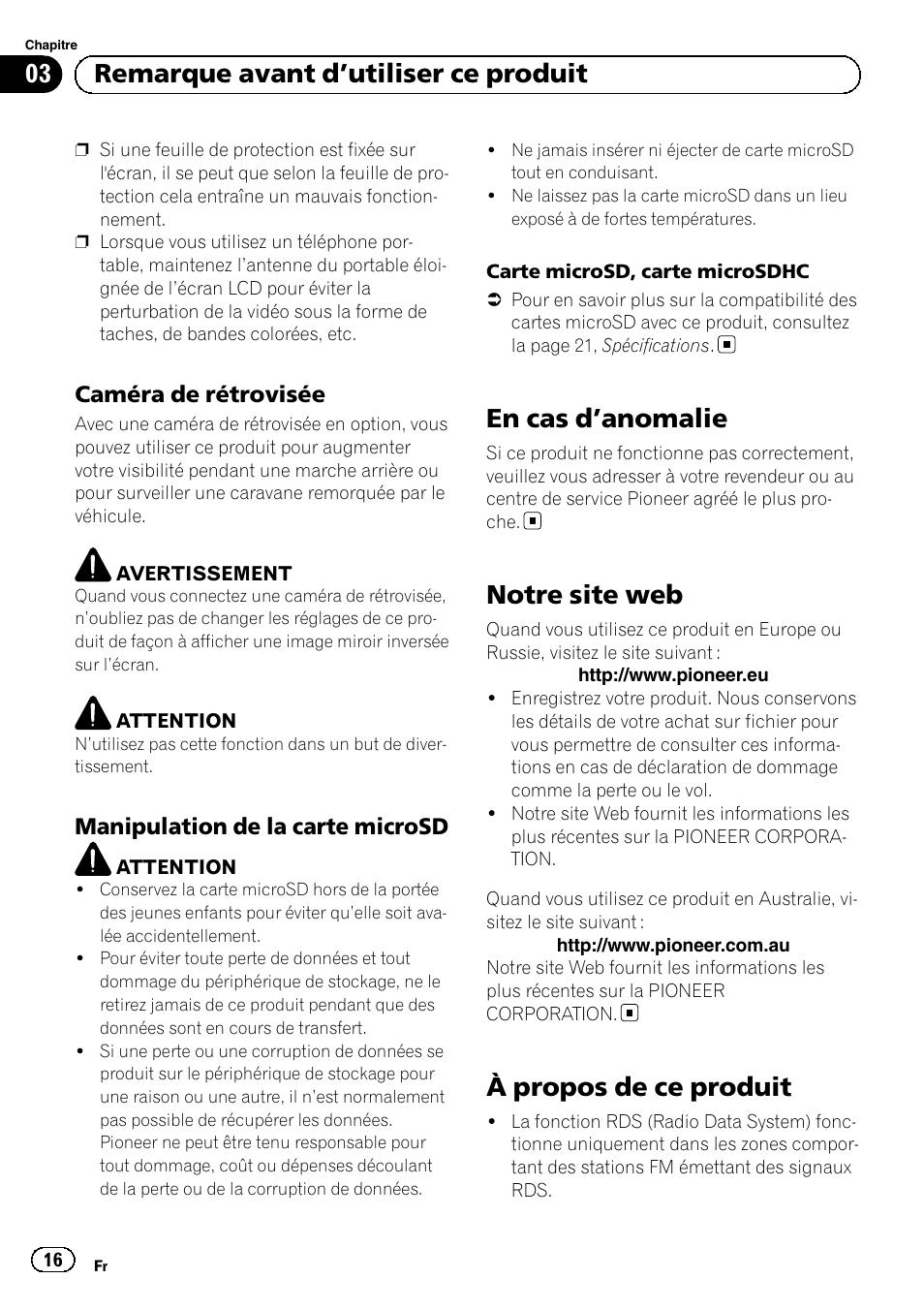 Caméra de rétrovisée 16, Manipulation de la carte microsd 16, En cas d | Anomalie 16, Notre site web, À propos de ce produit, En cas d ’anomalie, 03 remarque avant d ’utiliser ce produit | Pioneer SPH-DA01 User Manual | Page 16 / 80