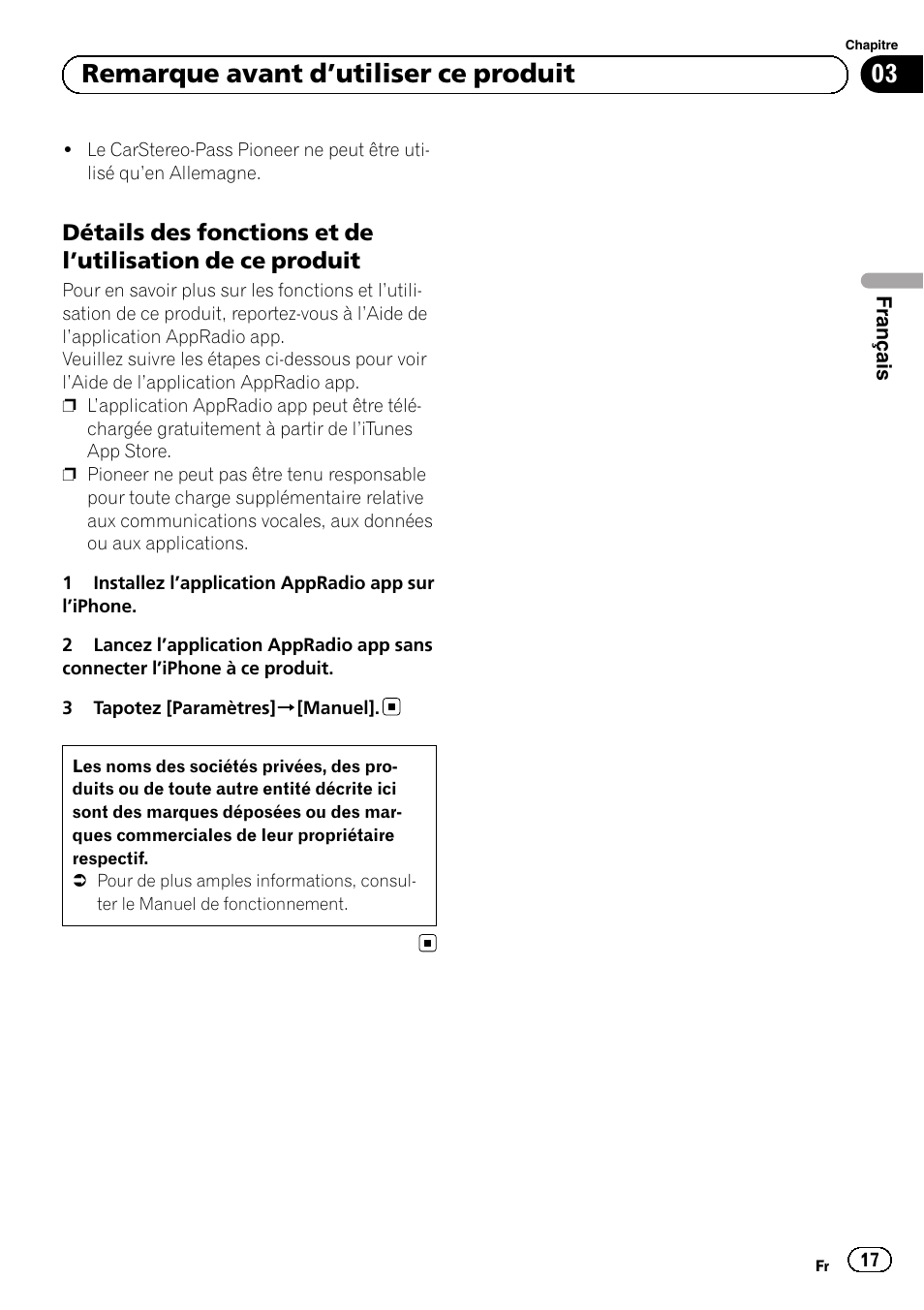 Détails des fonctions et de l’utilisation, De ce produit, 03 remarque avant d ’utiliser ce produit | Pioneer SPH-DA01 User Manual | Page 17 / 80