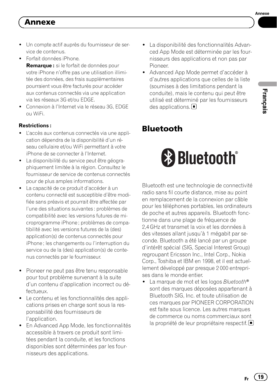 Bluetooth, Annexe | Pioneer SPH-DA01 User Manual | Page 19 / 80