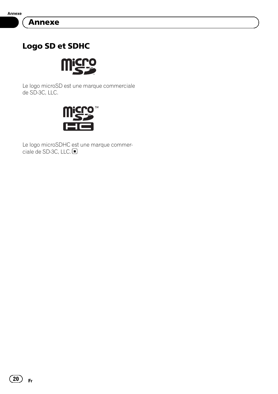 Logo sd et sdhc, Annexe | Pioneer SPH-DA01 User Manual | Page 20 / 80