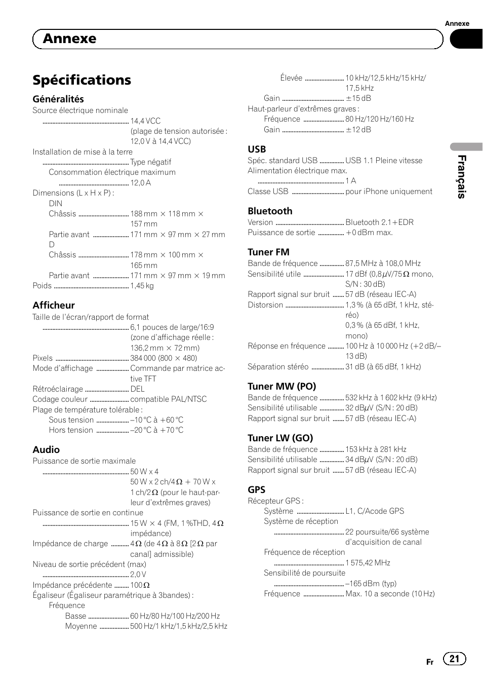 Spécifications, Annexe, Français | Pioneer SPH-DA01 User Manual | Page 21 / 80
