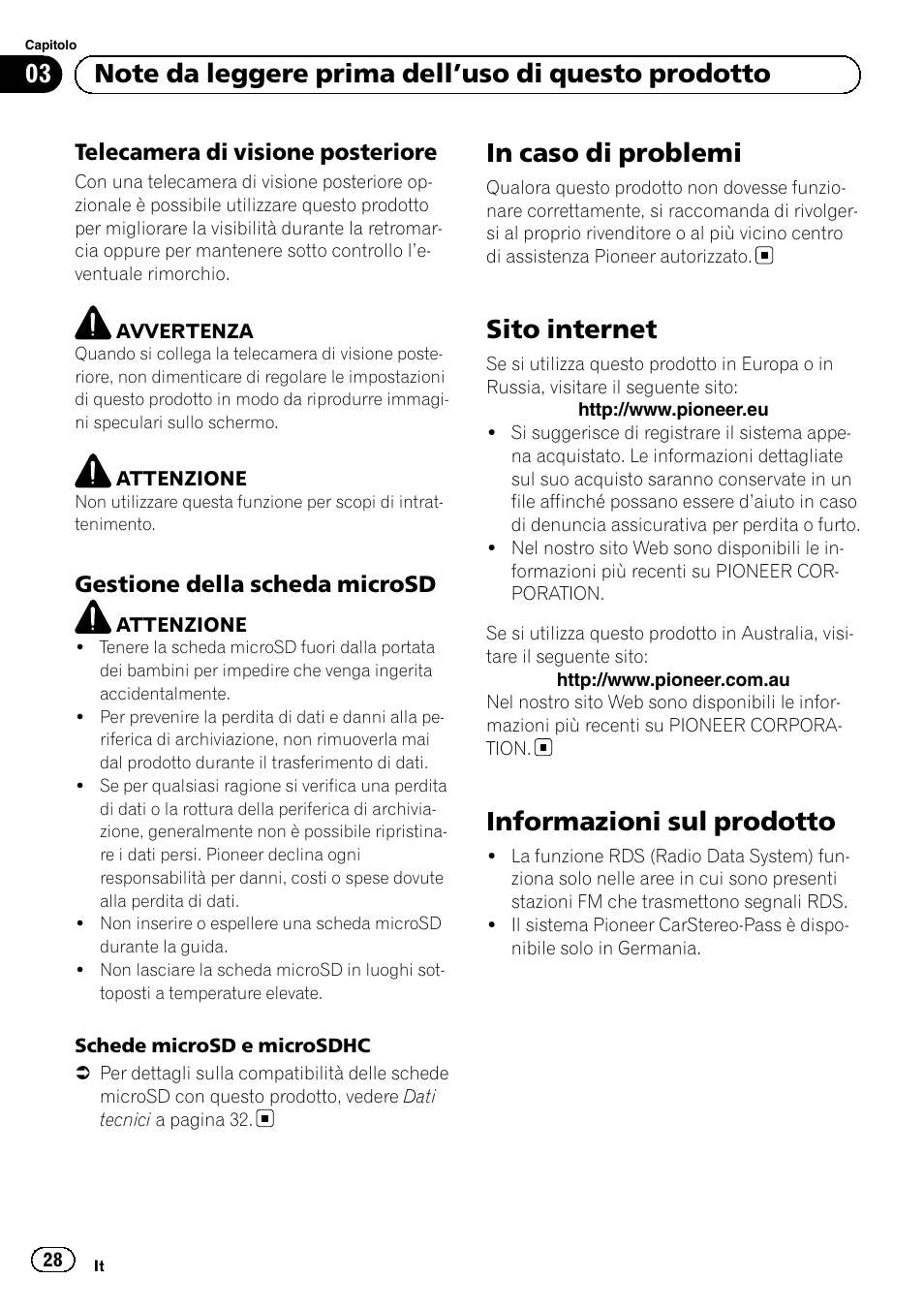 Telecamera di visione posteriore 28, Gestione della scheda microsd 28, In caso di problemi | Sito internet, Informazioni sul prodotto | Pioneer SPH-DA01 User Manual | Page 28 / 80