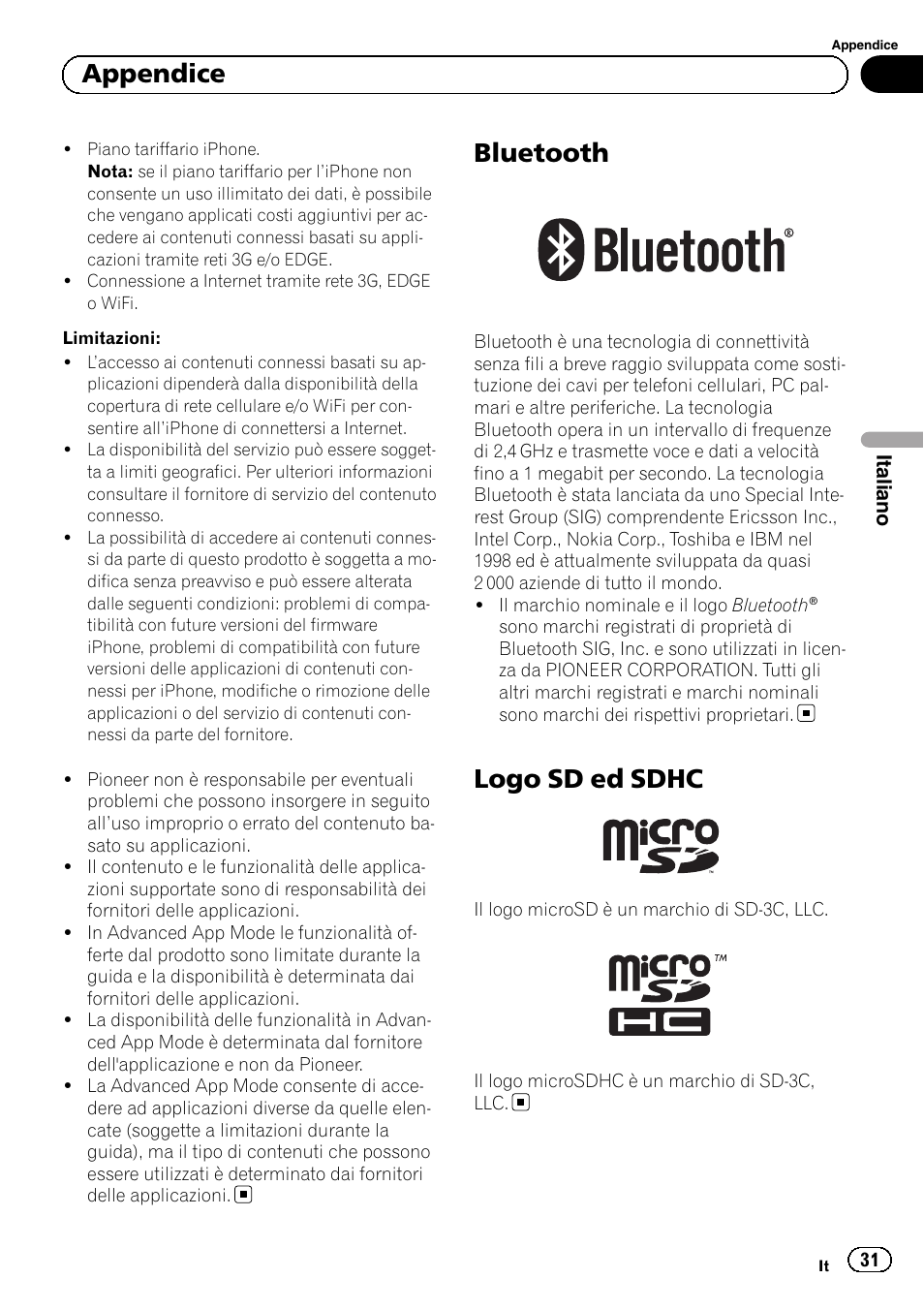 Bluetooth, Logo sd ed sdhc, Appendice | Pioneer SPH-DA01 User Manual | Page 31 / 80