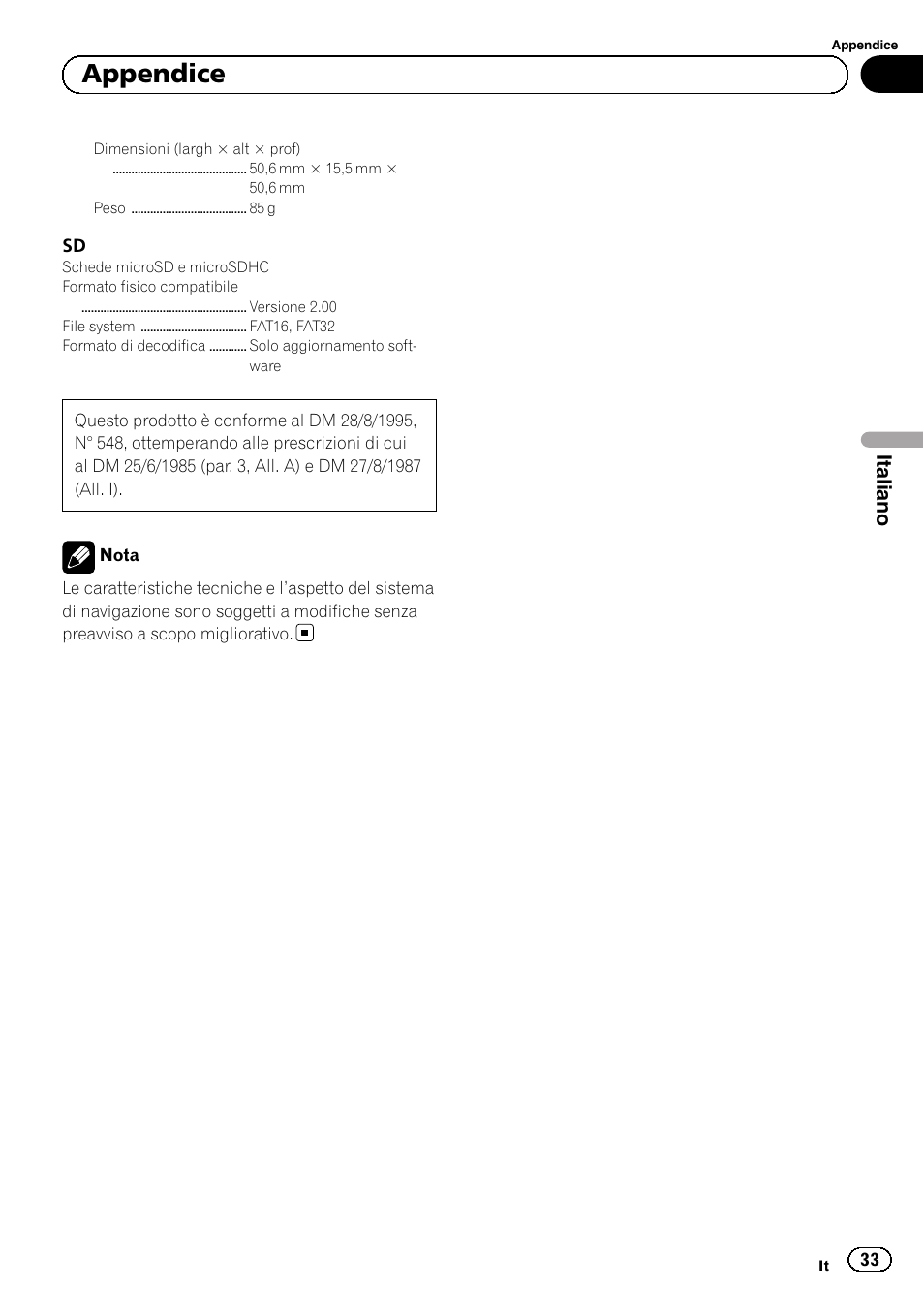 Appendice, Italiano | Pioneer SPH-DA01 User Manual | Page 33 / 80