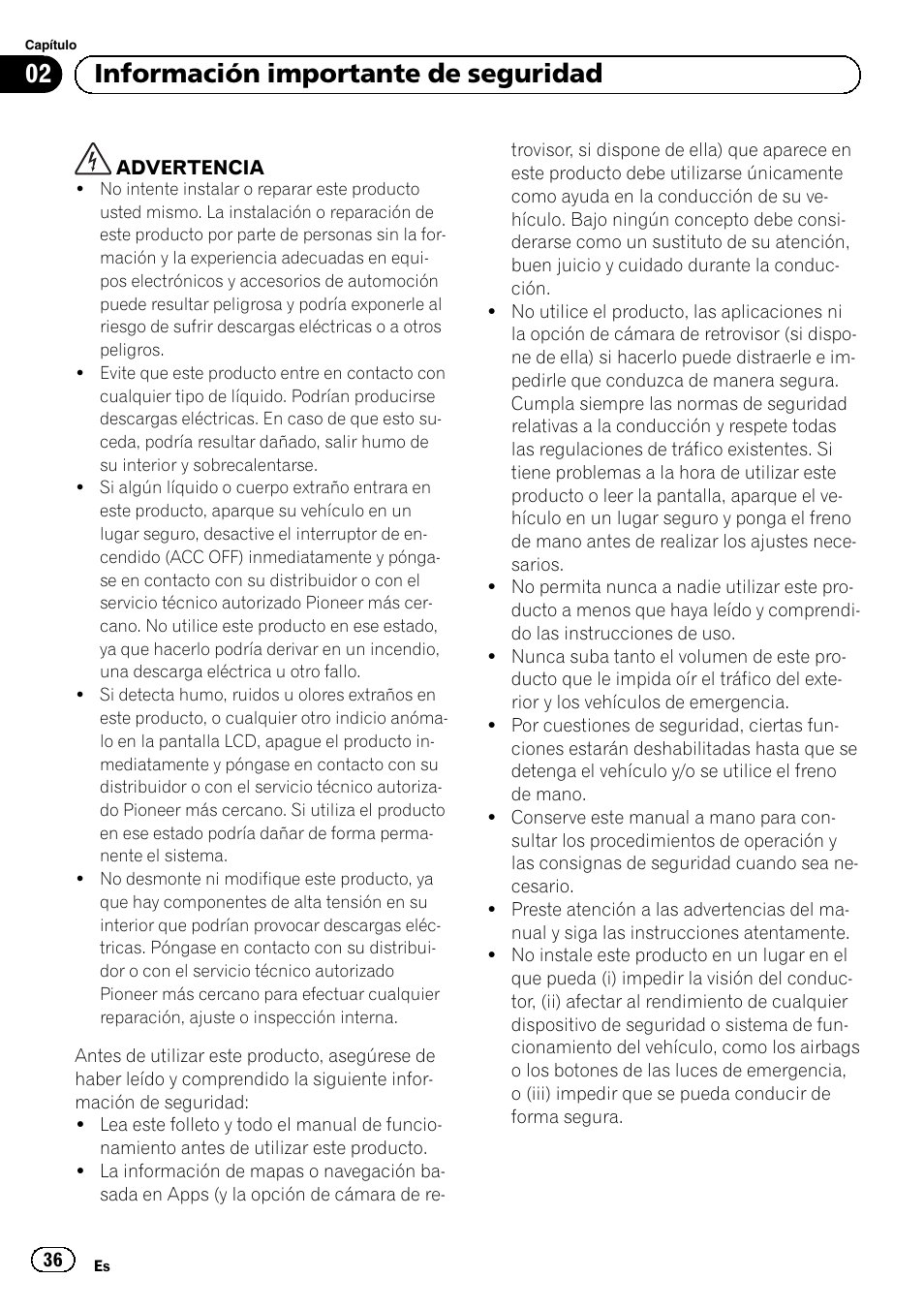 Información importante de seguridad, 02 información importante de seguridad | Pioneer SPH-DA01 User Manual | Page 36 / 80