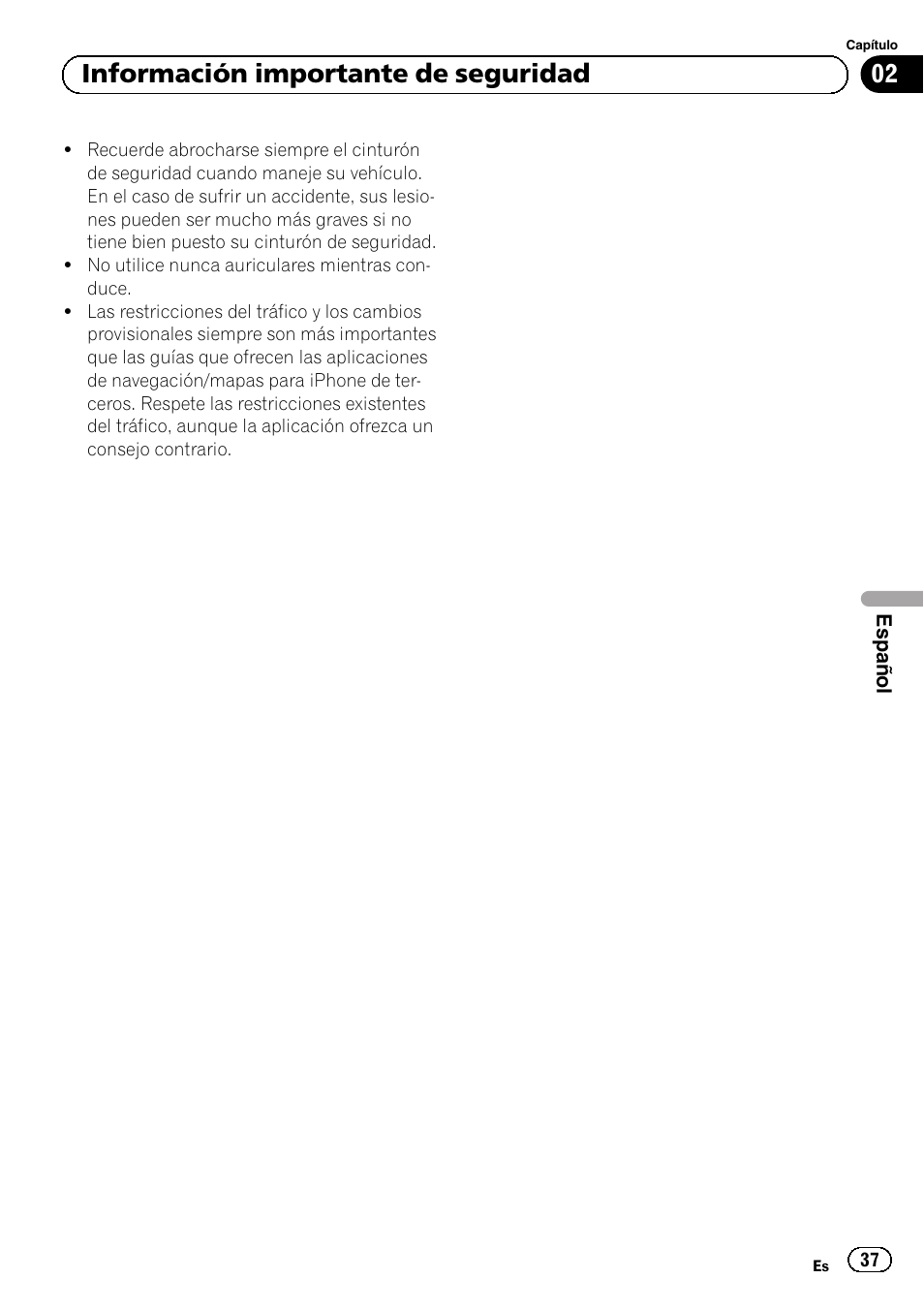 02 información importante de seguridad | Pioneer SPH-DA01 User Manual | Page 37 / 80