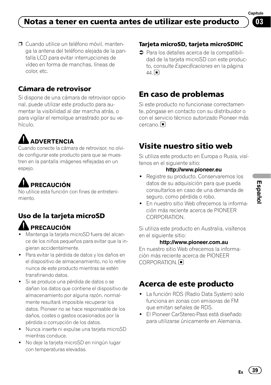 Cámara de retrovisor 39, Uso de la tarjeta microsd 39, En caso de problemas | Visite nuestro sitio web, Acerca de este producto | Pioneer SPH-DA01 User Manual | Page 39 / 80