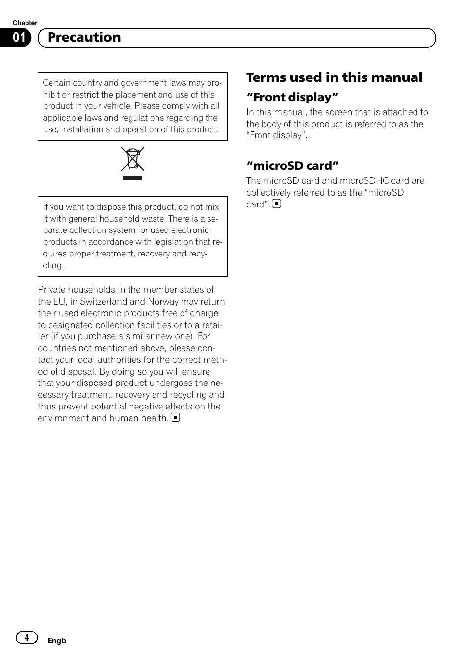 Precaution, Terms used in this manual, Front display” 4 | Microsd card” 4, 01 precaution | Pioneer SPH-DA01 User Manual | Page 4 / 80