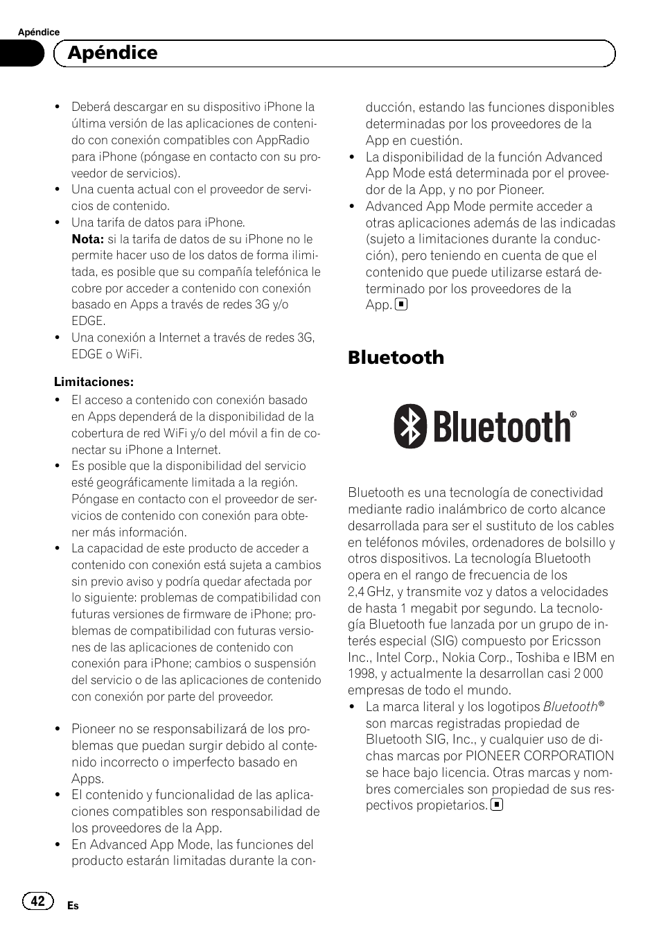 Bluetooth, Apéndice | Pioneer SPH-DA01 User Manual | Page 42 / 80