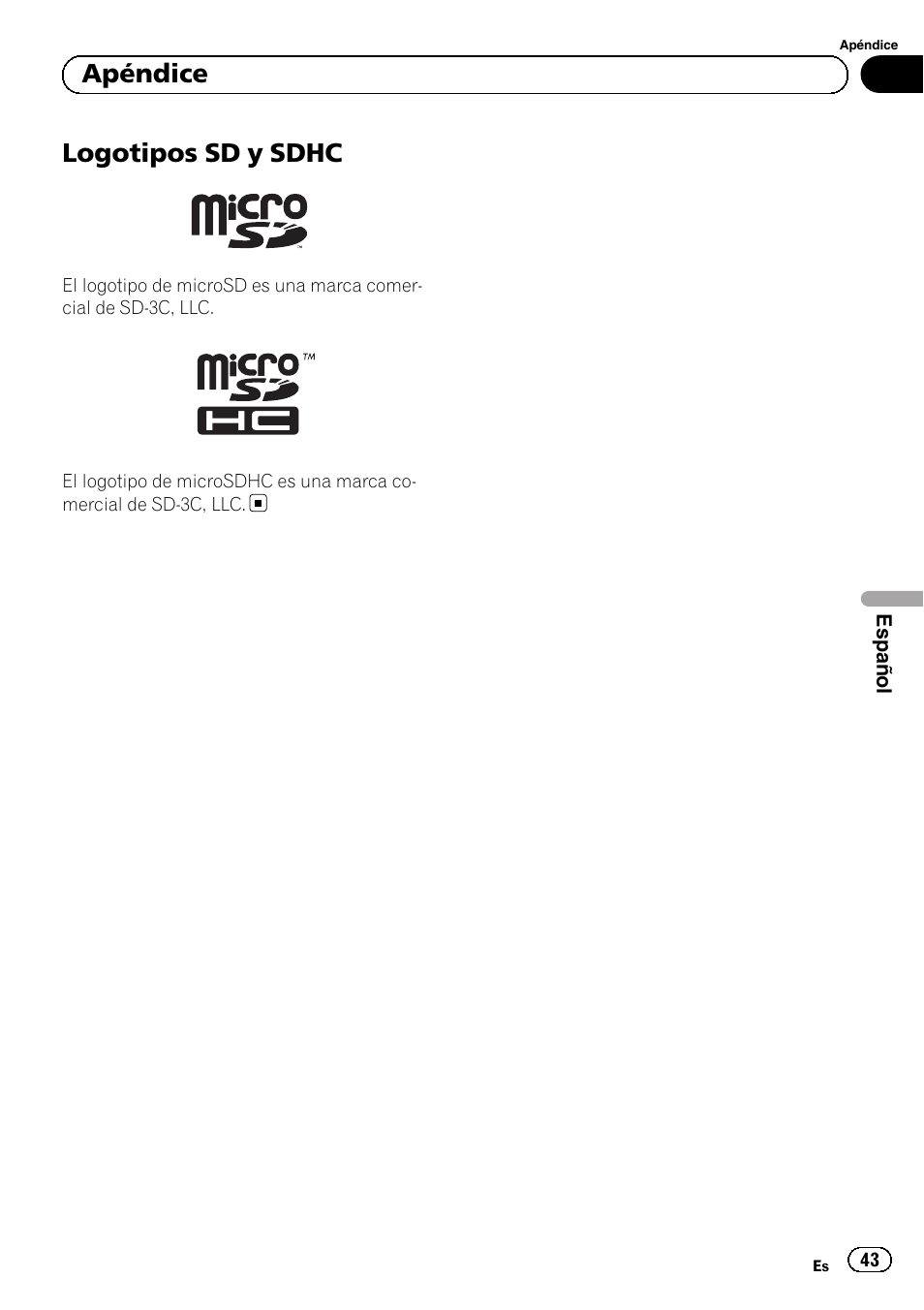 Logotipos sd y sdhc, Apéndice | Pioneer SPH-DA01 User Manual | Page 43 / 80