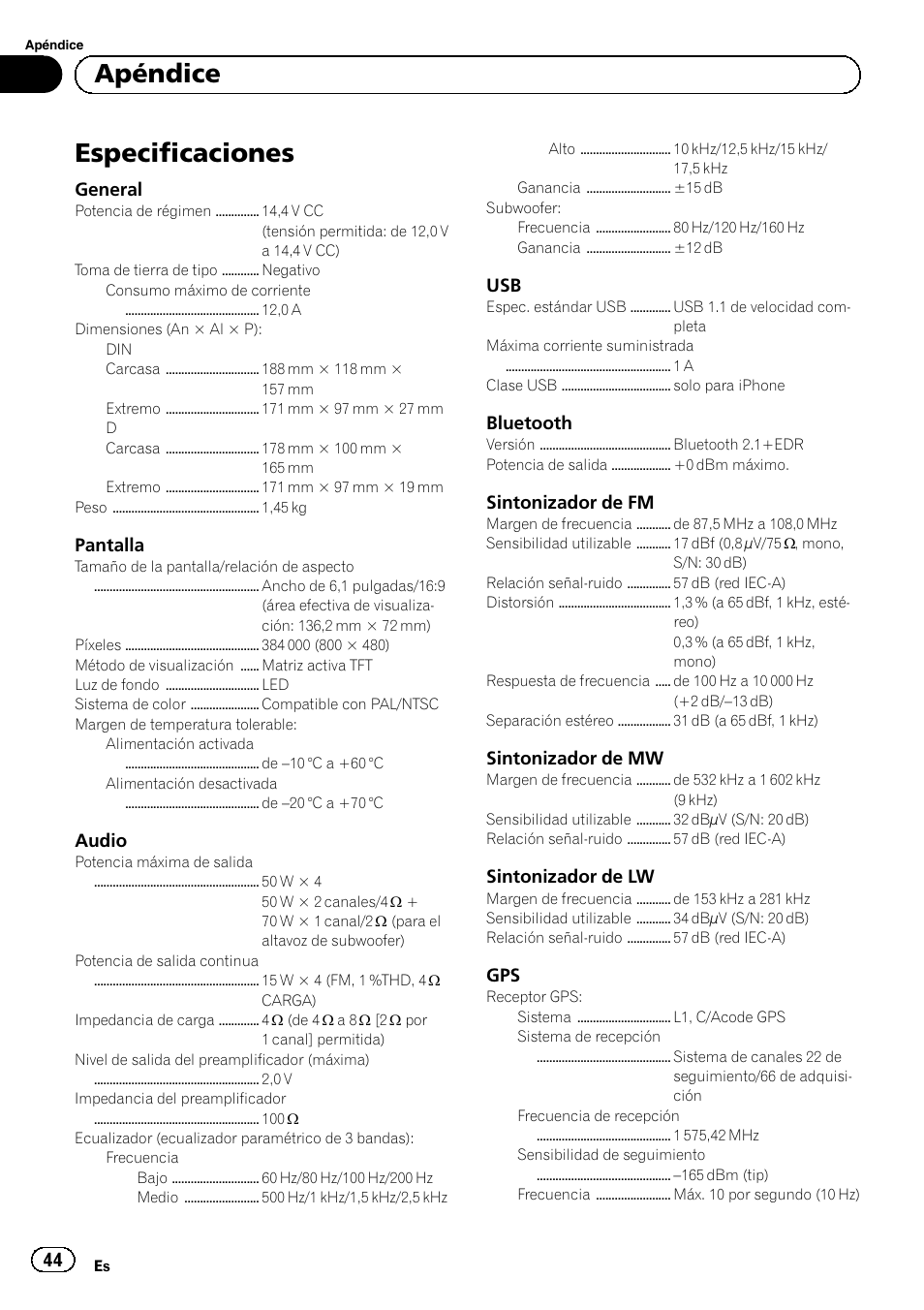 Especificaciones, Apéndice | Pioneer SPH-DA01 User Manual | Page 44 / 80