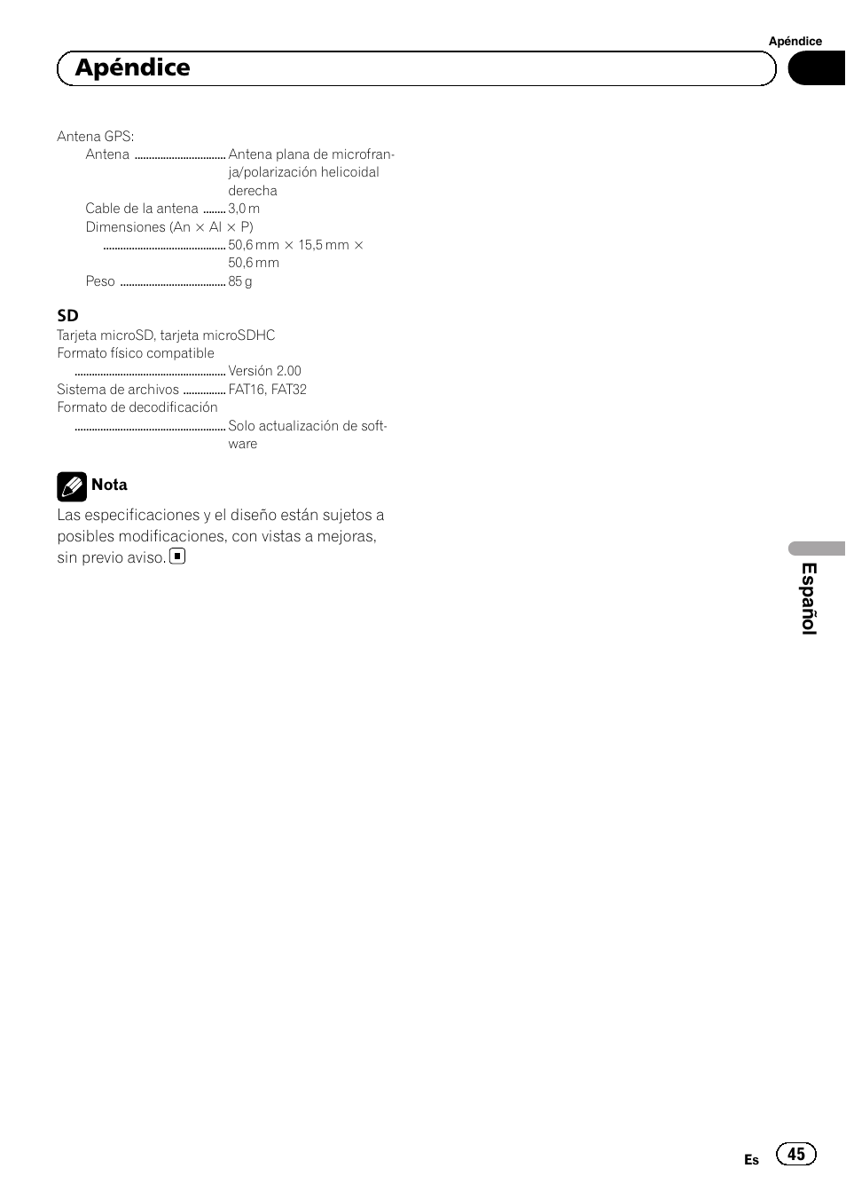 Apéndice, Español | Pioneer SPH-DA01 User Manual | Page 45 / 80