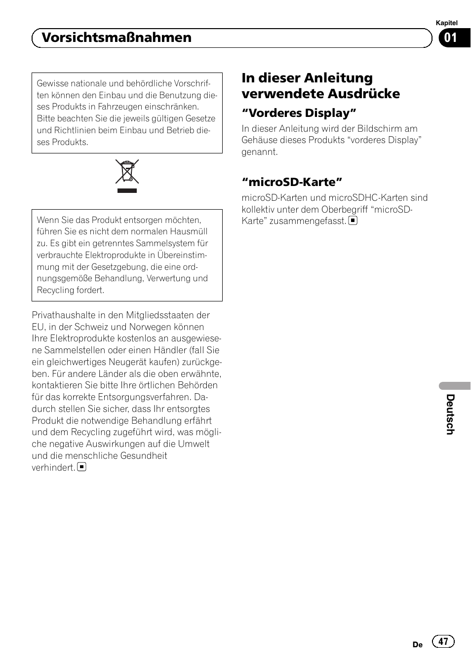 Vorsichtsmaßnahmen, In dieser anleitung verwendete, Ausdrücke | Vorderes display” 47, Microsd-karte” 47, 01 vorsichtsmaßnahmen | Pioneer SPH-DA01 User Manual | Page 47 / 80