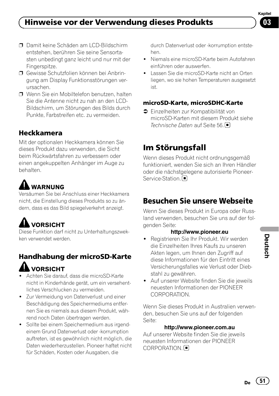 Heckkamera 51, Handhabung der microsd-karte 51, Im störungsfall | Besuchen sie unsere webseite, 03 hinweise vor der verwendung dieses produkts, Heckkamera, Handhabung der microsd-karte | Pioneer SPH-DA01 User Manual | Page 51 / 80