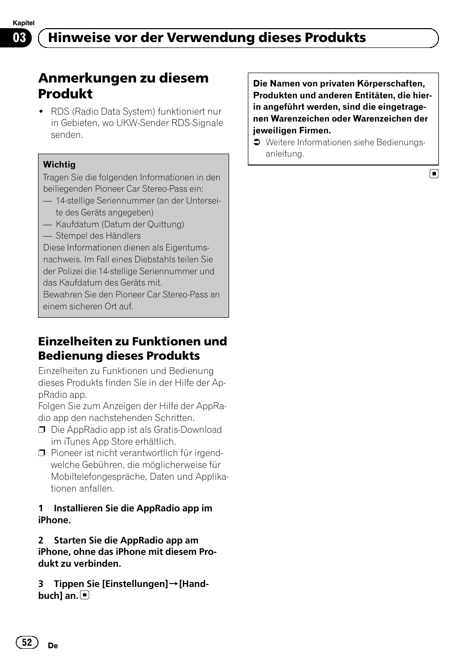 Anmerkungen zu diesem produkt, Einzelheiten zu funktionen und, Bedienung dieses produkts | 03 hinweise vor der verwendung dieses produkts | Pioneer SPH-DA01 User Manual | Page 52 / 80