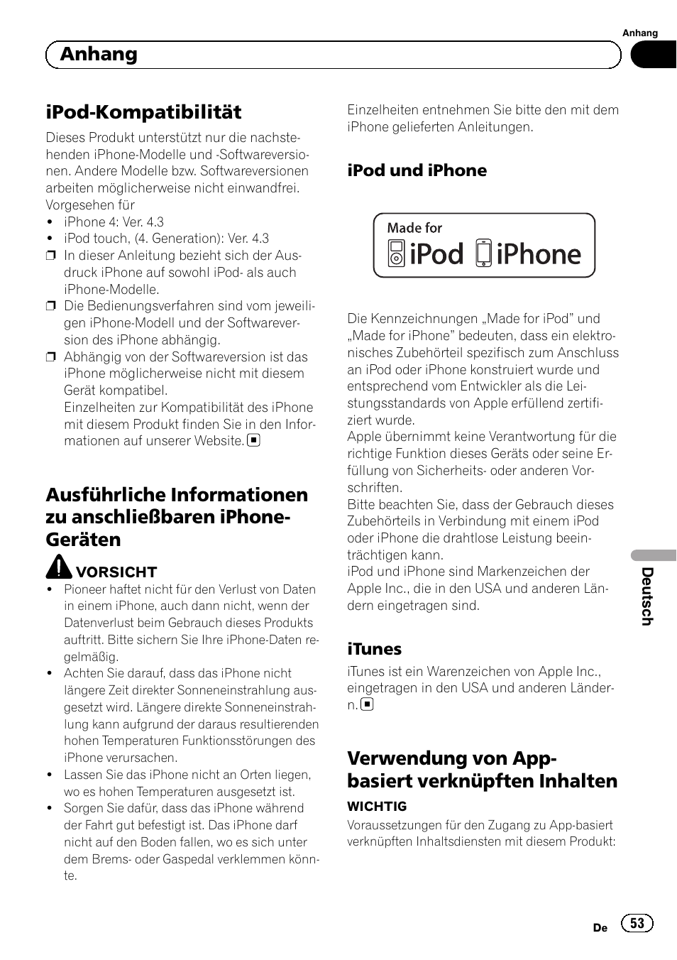 Anhang ipod-kompatibilität, Ausführliche informationen zu, Anschließbaren iphone-geräten | Ipod und iphone 53, Itunes 53, Verwendung von app-basiert verknüpften, Inhalten, Ipod-kompatibilität, Verwendung von app- basiert verknüpften inhalten, Anhang | Pioneer SPH-DA01 User Manual | Page 53 / 80