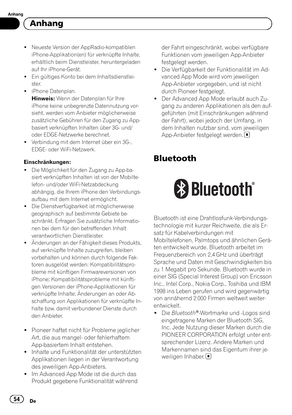 Bluetooth, Anhang | Pioneer SPH-DA01 User Manual | Page 54 / 80