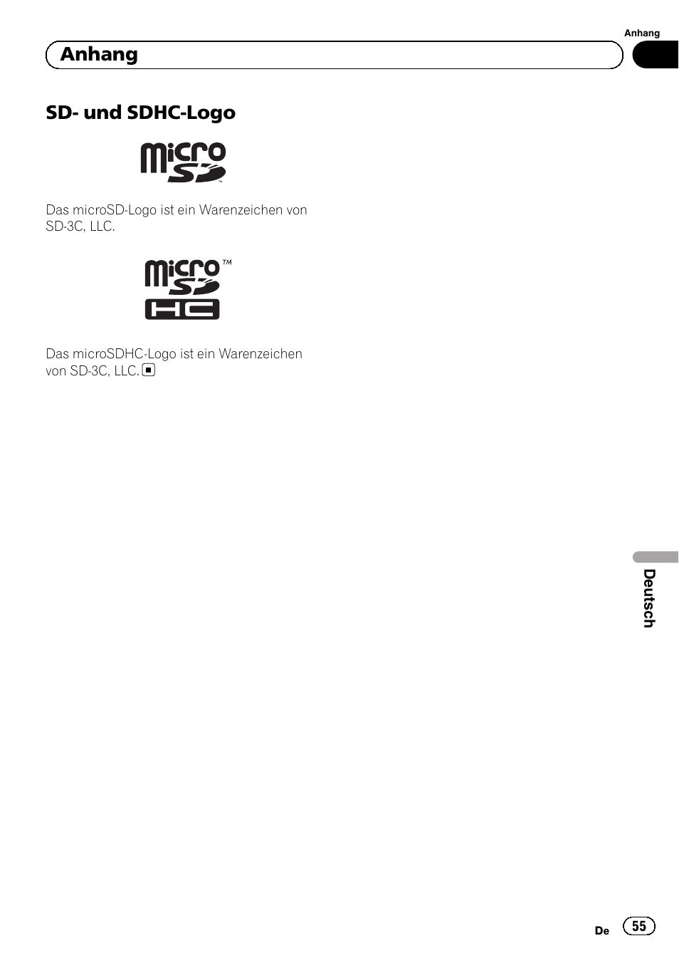 Sd- und sdhc-logo, Anhang | Pioneer SPH-DA01 User Manual | Page 55 / 80