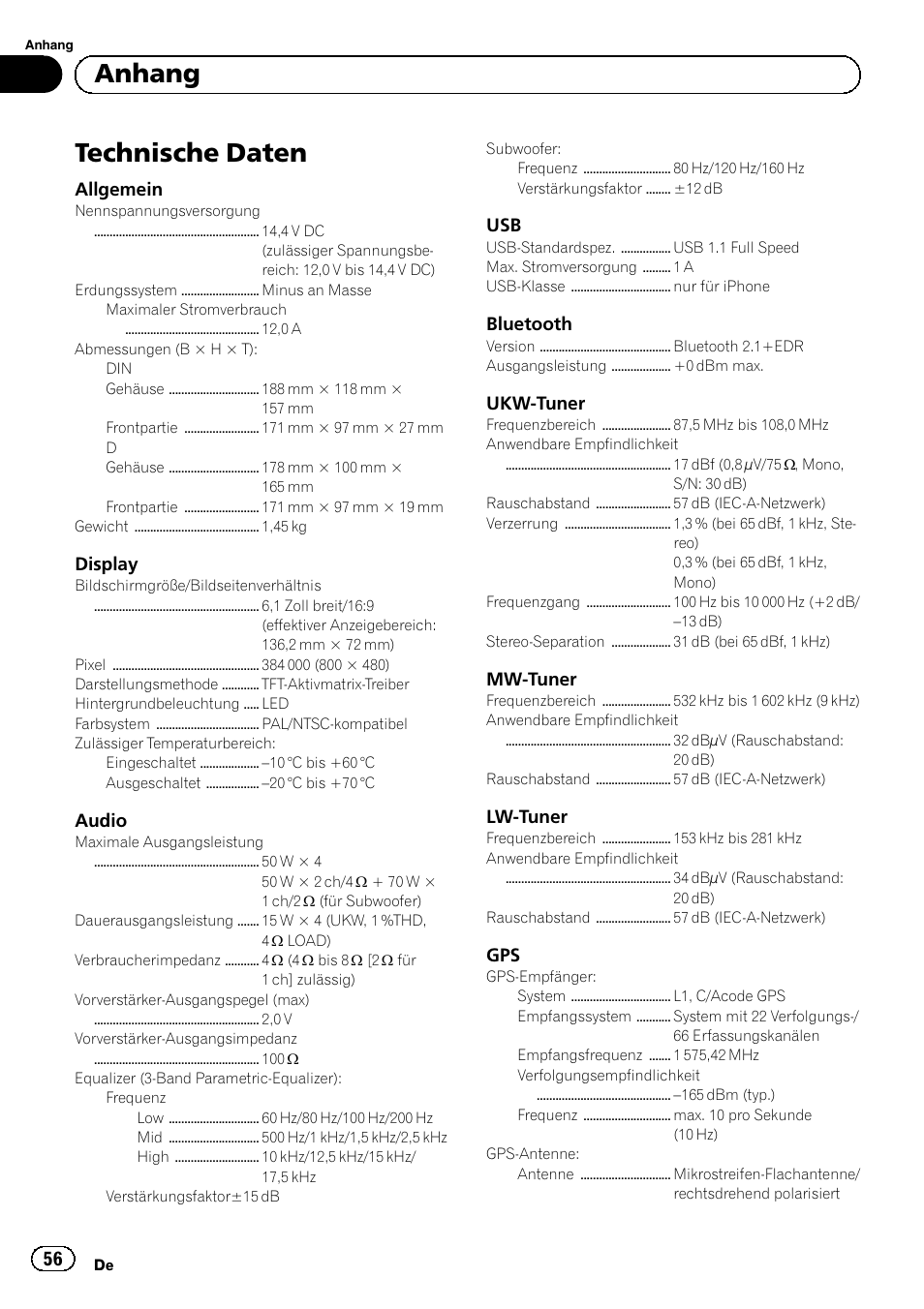 Technische daten, Anhang | Pioneer SPH-DA01 User Manual | Page 56 / 80