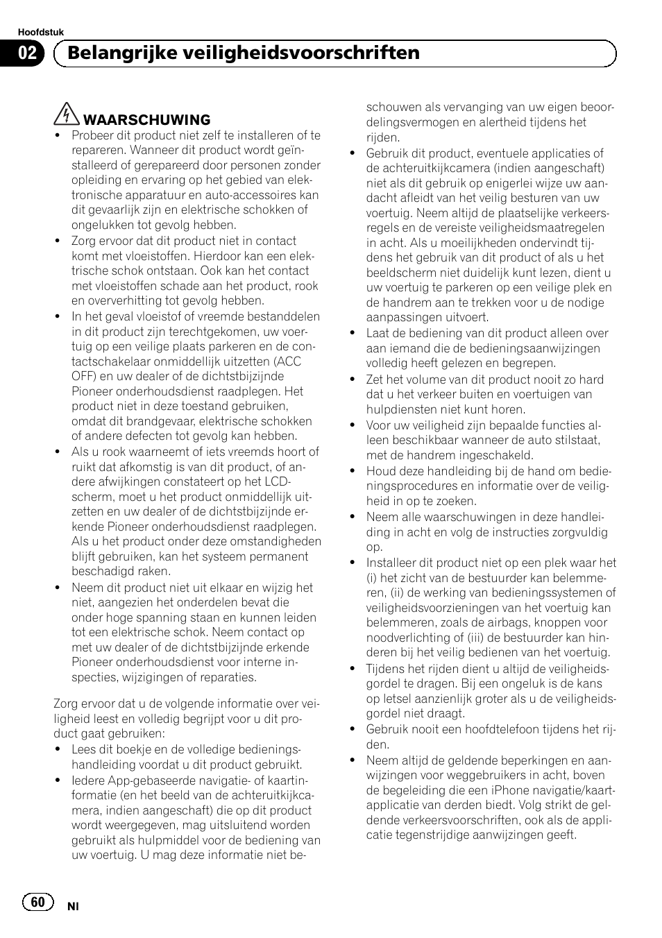 Belangrijke veiligheidsvoorschriften, 02 belangrijke veiligheidsvoorschriften | Pioneer SPH-DA01 User Manual | Page 60 / 80