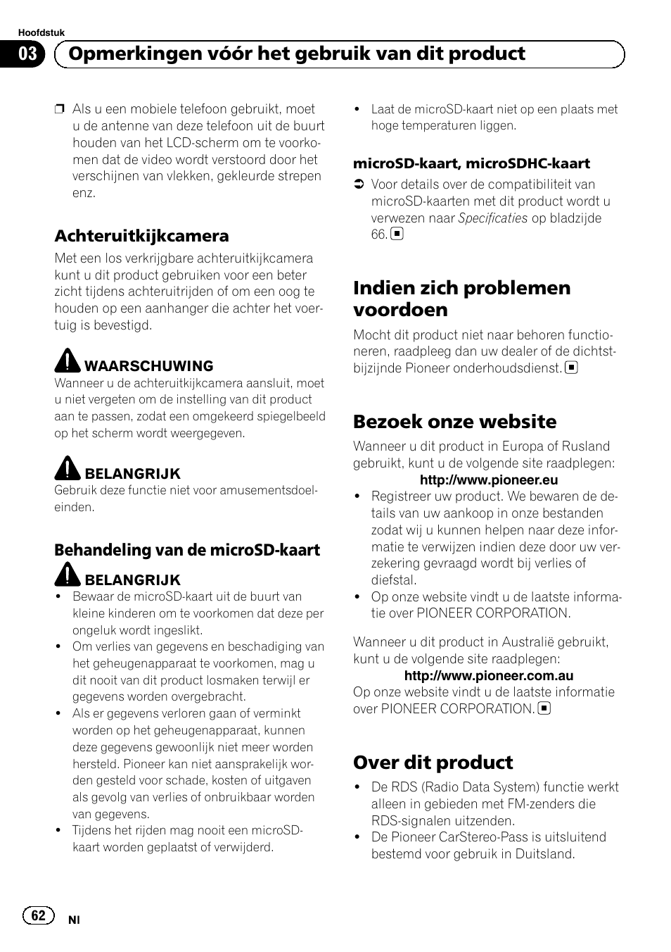 Achteruitkijkcamera 62, Behandeling van de microsd-kaart 62, Indien zich problemen voordoen | Bezoek onze website, Over dit product, 03 opmerkingen vóór het gebruik van dit product | Pioneer SPH-DA01 User Manual | Page 62 / 80
