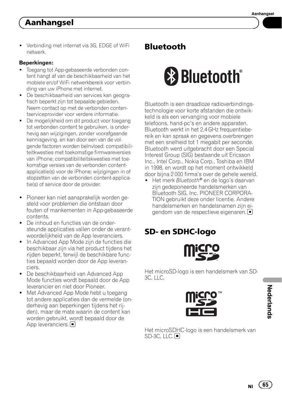Bluetooth, Sd- en sdhc-logo, Aanhangsel | Pioneer SPH-DA01 User Manual | Page 65 / 80