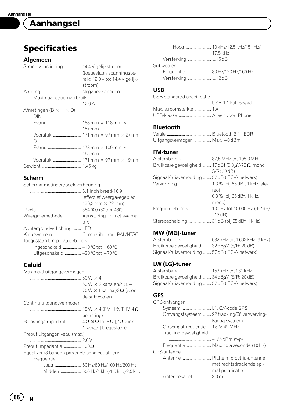 Specificaties, Aanhangsel | Pioneer SPH-DA01 User Manual | Page 66 / 80