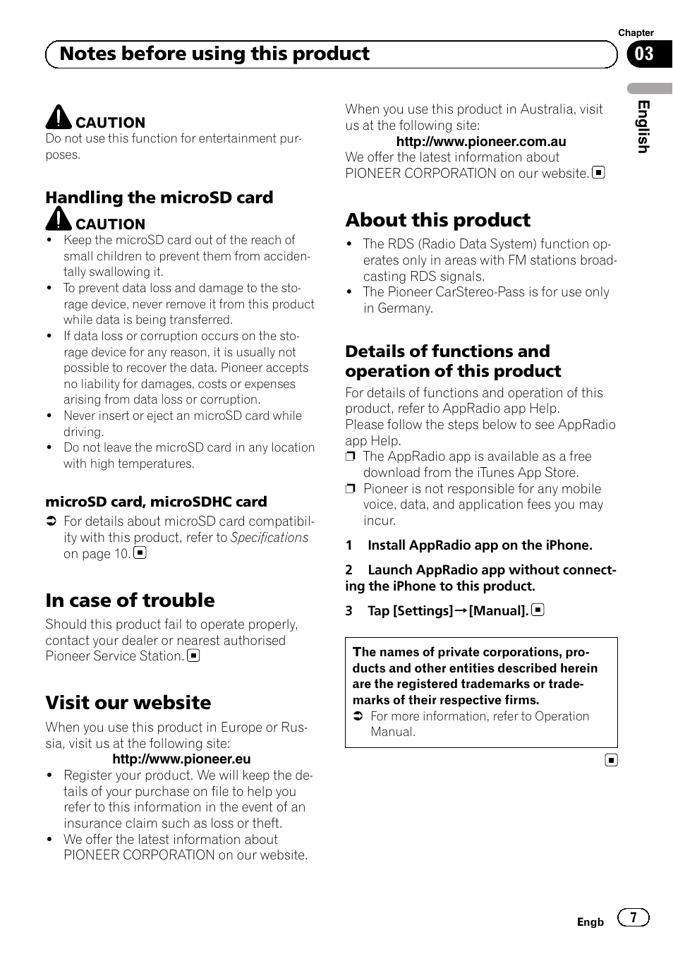 Handling the microsd card 7, In case of trouble, Visit our website | About this product, Details of functions and operation of, This product, Handling the microsd card, Details of functions and operation of this product | Pioneer SPH-DA01 User Manual | Page 7 / 80
