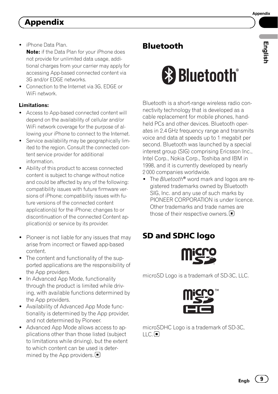 Bluetooth, Sd and sdhc logo, Appendix | Pioneer SPH-DA01 User Manual | Page 9 / 80