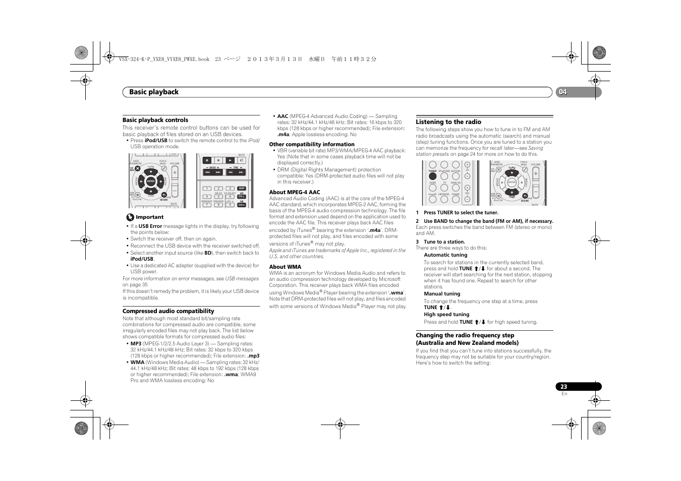Basic playback controls, Compressed audio compatibility, Listening to the radio | Changing the radio frequency step, Australia and new zealand models), 04 basic playback | Pioneer HTP-072 User Manual | Page 23 / 38
