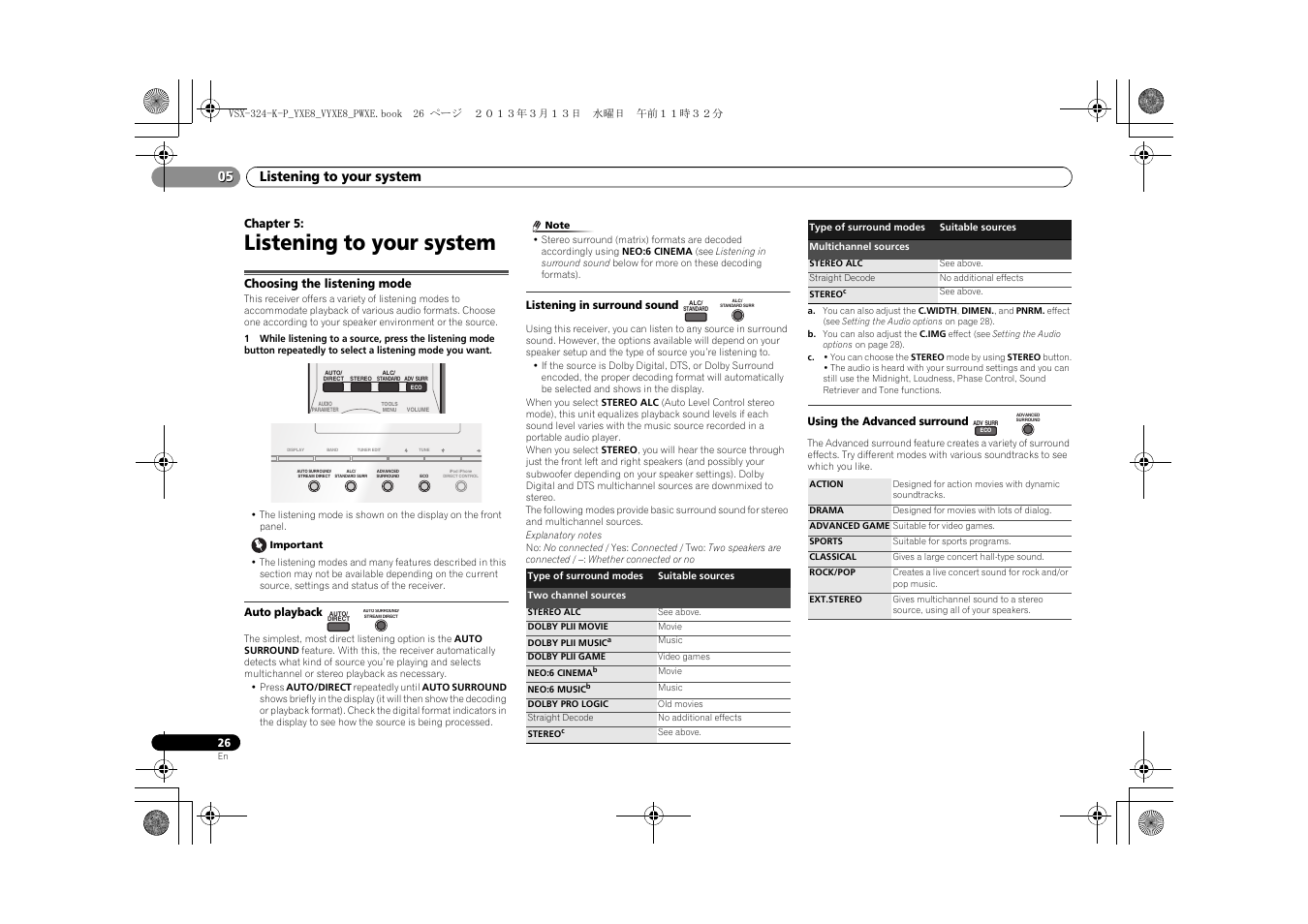 05 listening to your system, Choosing the listening mode, Auto playback | Listening in surround sound, Using the advanced surround, Listening to your system | Pioneer HTP-072 User Manual | Page 26 / 38