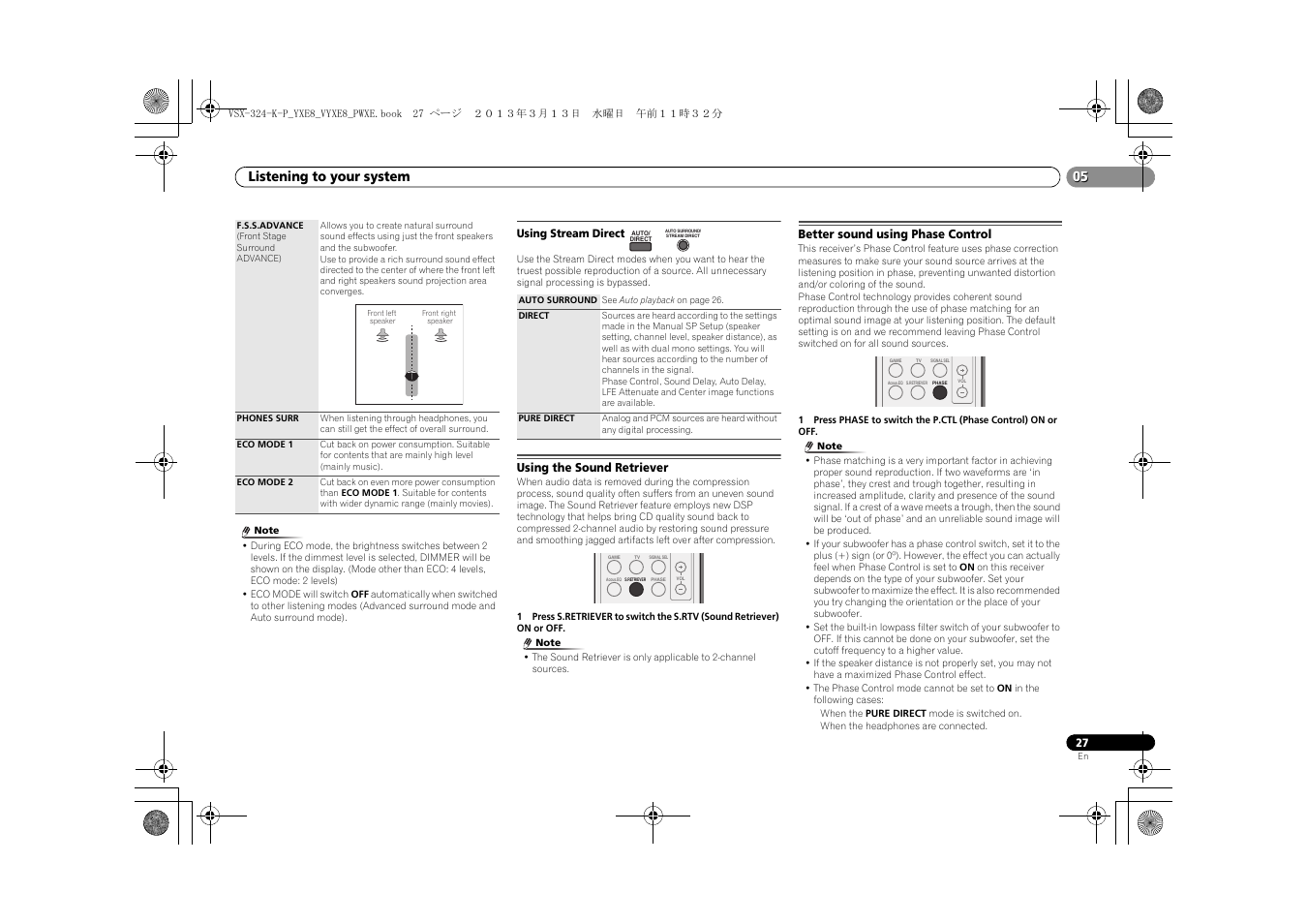 Using stream direct, Using the sound retriever, Better sound using phase control | 05 listening to your system | Pioneer HTP-072 User Manual | Page 27 / 38