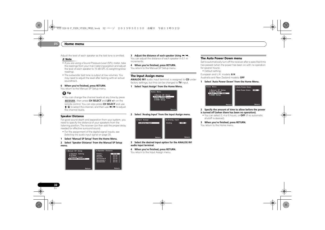 Speaker distance, The input assign menu, The auto power down menu | 06 home menu | Pioneer HTP-072 User Manual | Page 32 / 38