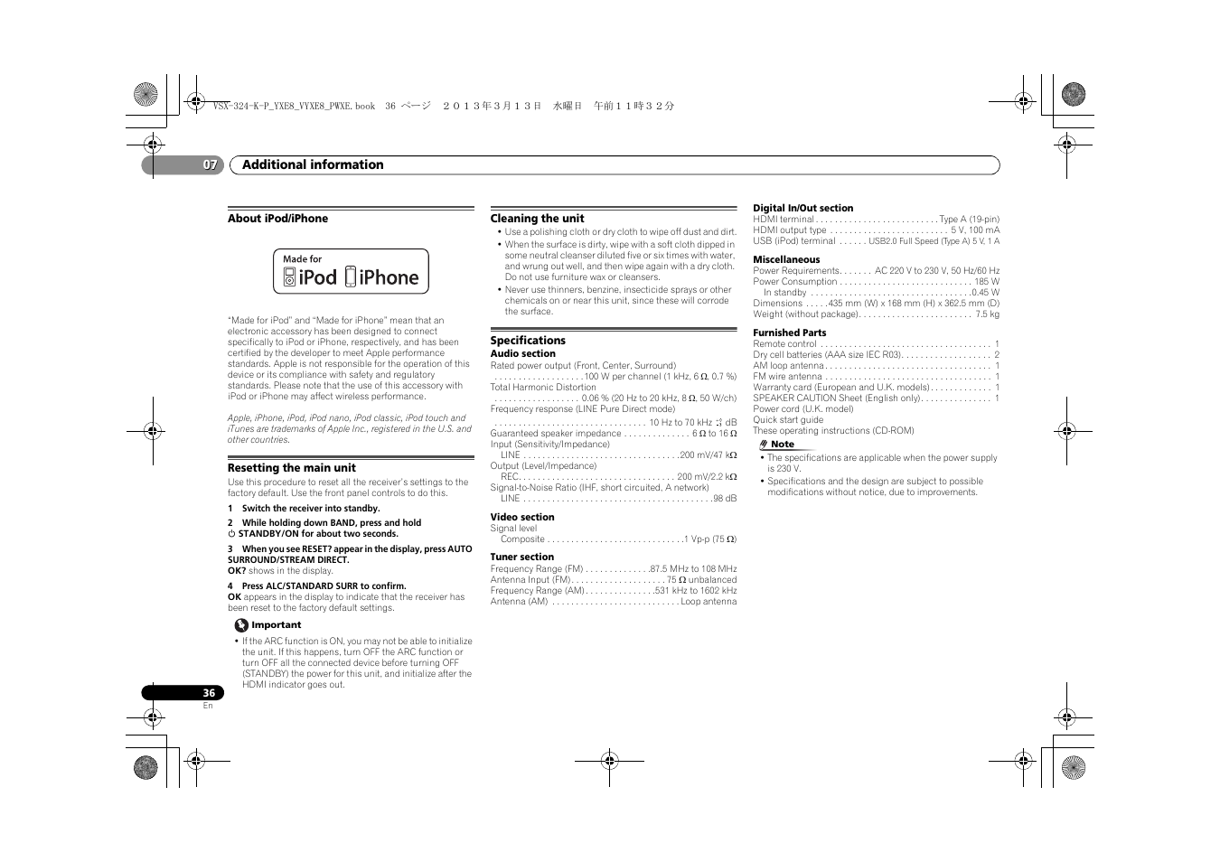 About ipod/iphone, Resetting the main unit, Cleaning the unit | Specifications | Pioneer HTP-072 User Manual | Page 36 / 38