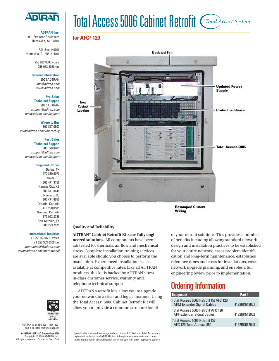 Total access 5006 cabinet retrofit, Ordering information, For afc | ADTRAN Total Access 5006 User Manual | Page 2 / 2